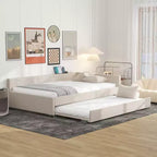 Lit de repos rembourré avec lit gigogne et port USB, canapé-lit en bois avec tête de lit en L pour enfants, adolescents et adultes, beige