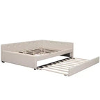 Lit de repos rembourré avec lit gigogne et port USB, canapé-lit en bois avec tête de lit en L pour enfants, adolescents et adultes, beige