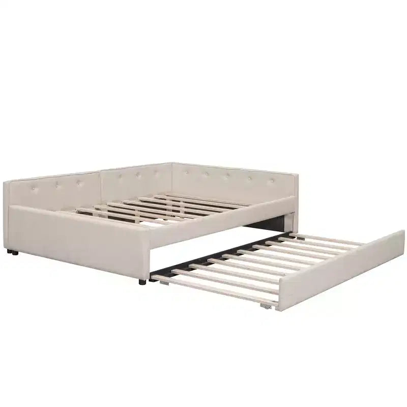 Lit de repos rembourré avec lit gigogne et port USB, canapé-lit en bois avec tête de lit en L pour enfants, adolescents et adultes, beige