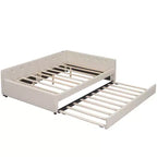 Lit de repos rembourré avec lit gigogne et port USB, canapé-lit en bois avec tête de lit en L pour enfants, adolescents et adultes, beige