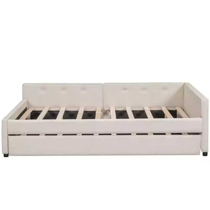 Lit de repos rembourré avec lit gigogne et port USB, canapé-lit en bois avec tête de lit en L pour enfants, adolescents et adultes, beige