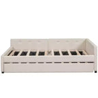 Lit de repos rembourré avec lit gigogne et port USB, canapé-lit en bois avec tête de lit en L pour enfants, adolescents et adultes, beige