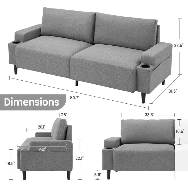 Canapé moderne 81, petits canapés avec porte-gobelet et sac de rangement, facile à installer, 3 places, assise profonde, pour appartement, chambre à coucher, dortoir