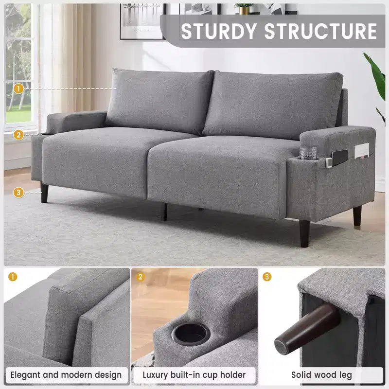Canapé moderne 81, petits canapés avec porte-gobelet et sac de rangement, facile à installer, 3 places, assise profonde, pour appartement, chambre à coucher, dortoir