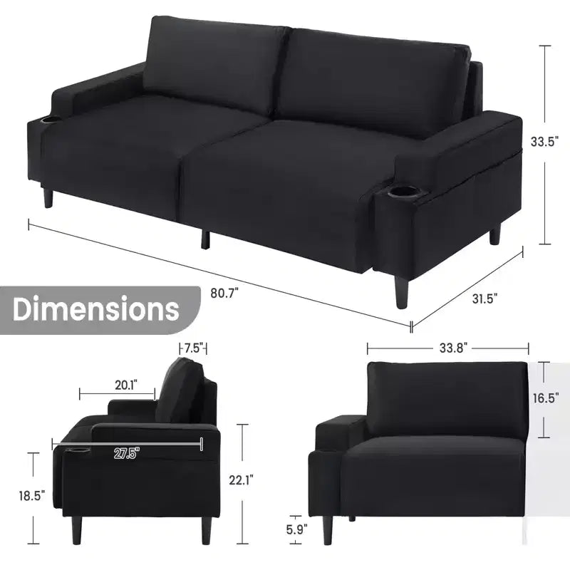 Canapé moderne 81, petits canapés avec porte-gobelet et sac de rangement, facile à installer, 3 places, assise profonde, pour appartement, chambre à coucher, dortoir
