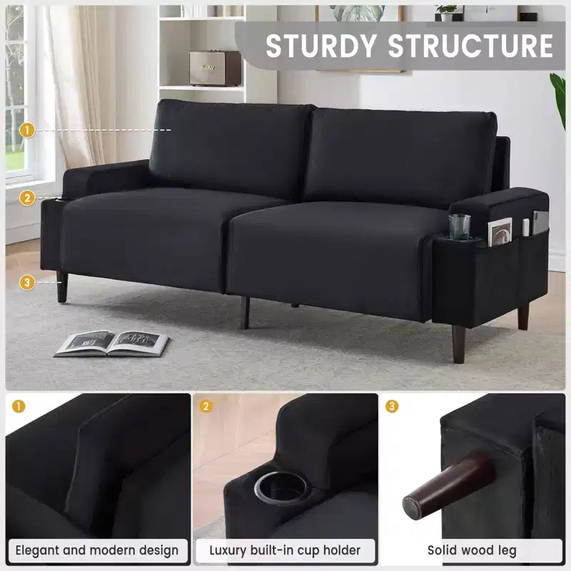 Canapé moderne 81, petits canapés avec porte-gobelet et sac de rangement, facile à installer, 3 places, assise profonde, pour appartement, chambre à coucher, dortoir