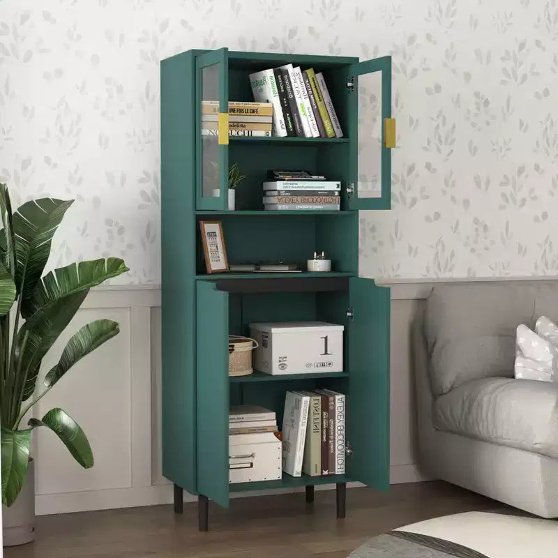 CLIHOME Bibliothèque haute 4 portes en verre trempé, armoire de rangement utilitaire avec étagères réglables