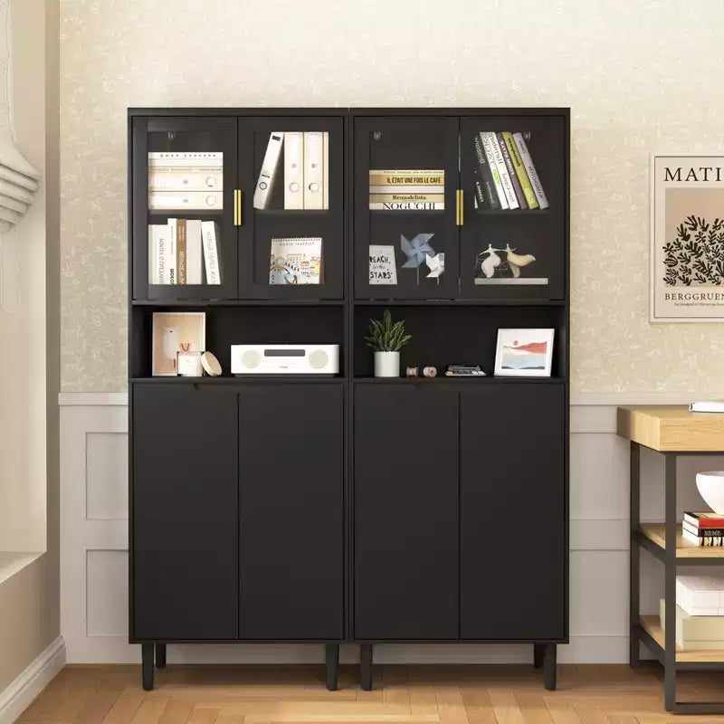CLIHOME Bibliothèque haute 4 portes en verre trempé, armoire de rangement utilitaire avec étagères réglables