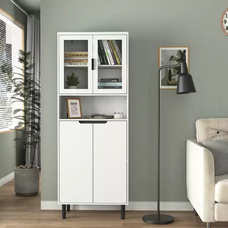 CLIHOME Bibliothèque haute 4 portes en verre trempé, armoire de rangement utilitaire avec étagères réglables