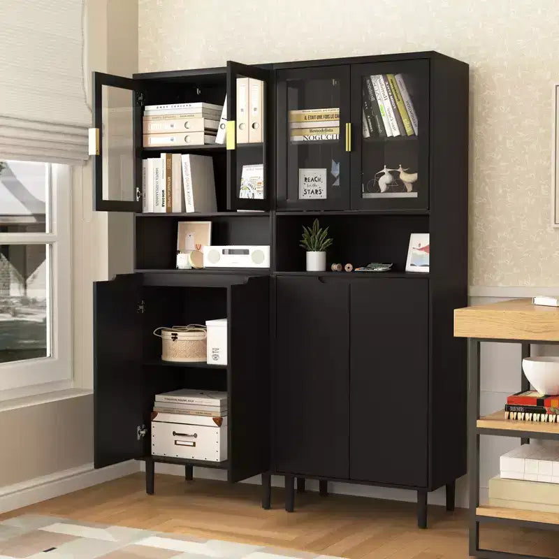 CLIHOME Bibliothèque haute 4 portes en verre trempé, armoire de rangement utilitaire avec étagères réglables