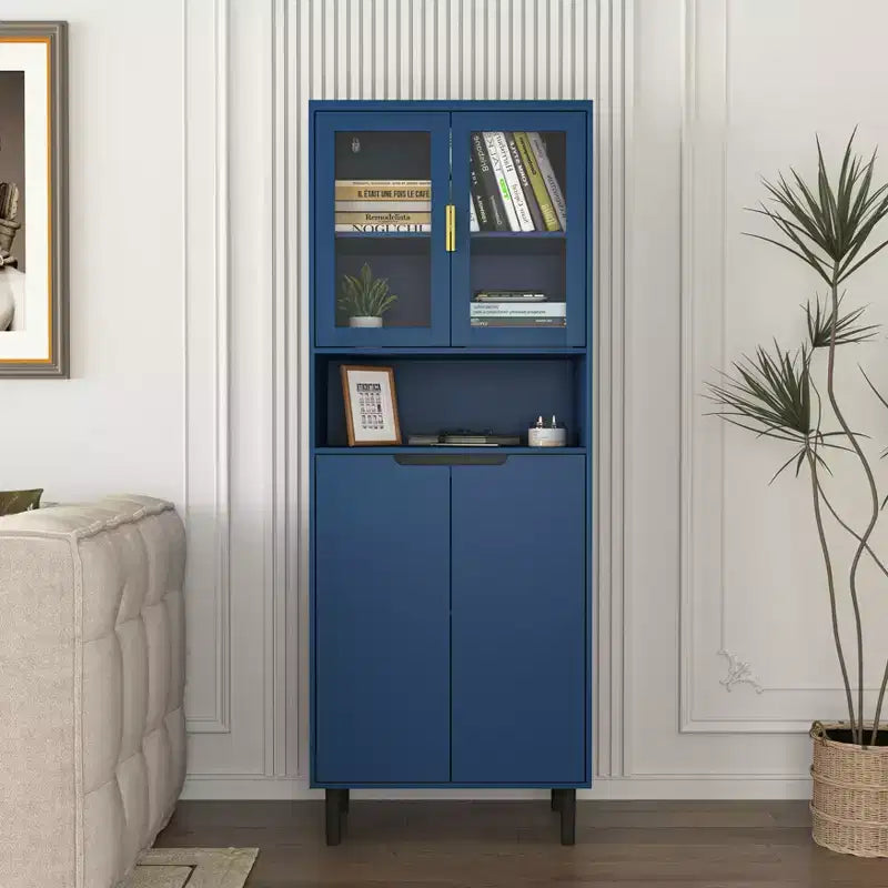 CLIHOME Bibliothèque haute 4 portes en verre trempé, armoire de rangement utilitaire avec étagères réglables