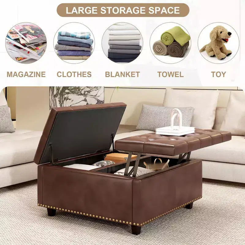 Ottoman de rangement table basse en cuir 32,5" avec couvercle relevable, Banc de rangement carré, Grande table basse de rangement carrée