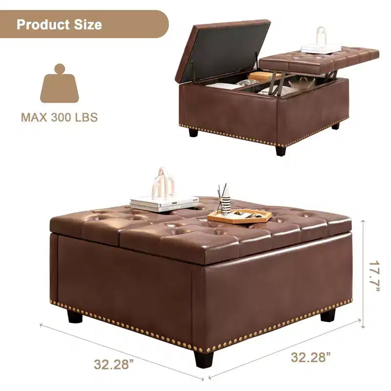 Ottoman de rangement table basse en cuir 32,5" avec couvercle relevable, Banc de rangement carré, Grande table basse de rangement carrée