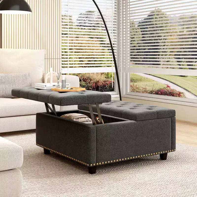 Ottoman de rangement table basse en cuir 32,5" avec couvercle relevable, Banc de rangement carré, Grande table basse de rangement carrée