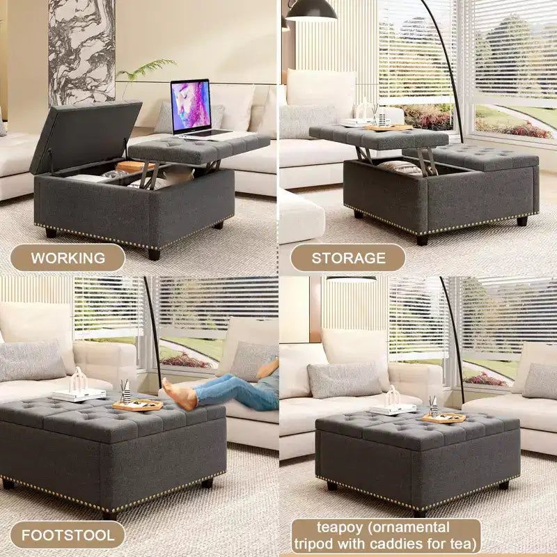 Ottoman de rangement table basse en cuir 32,5" avec couvercle relevable, Banc de rangement carré, Grande table basse de rangement carrée