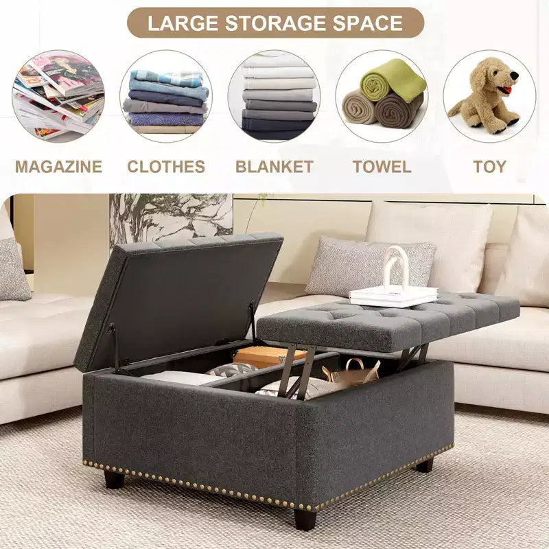 Ottoman de rangement table basse en cuir 32,5" avec couvercle relevable, Banc de rangement carré, Grande table basse de rangement carrée