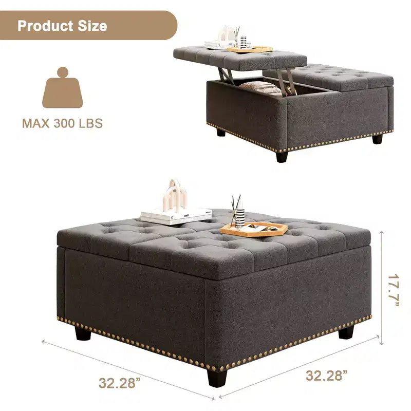 Ottoman de rangement table basse en cuir 32,5" avec couvercle relevable, Banc de rangement carré, Grande table basse de rangement carrée