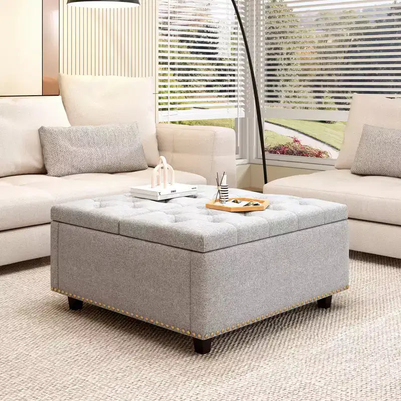 Ottoman de rangement table basse en cuir 32,5" avec couvercle relevable, Banc de rangement carré, Grande table basse de rangement carrée