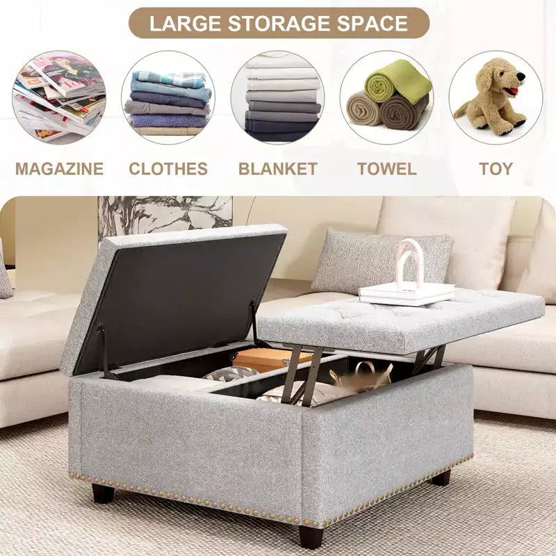 Ottoman de rangement table basse en cuir 32,5" avec couvercle relevable, Banc de rangement carré, Grande table basse de rangement carrée