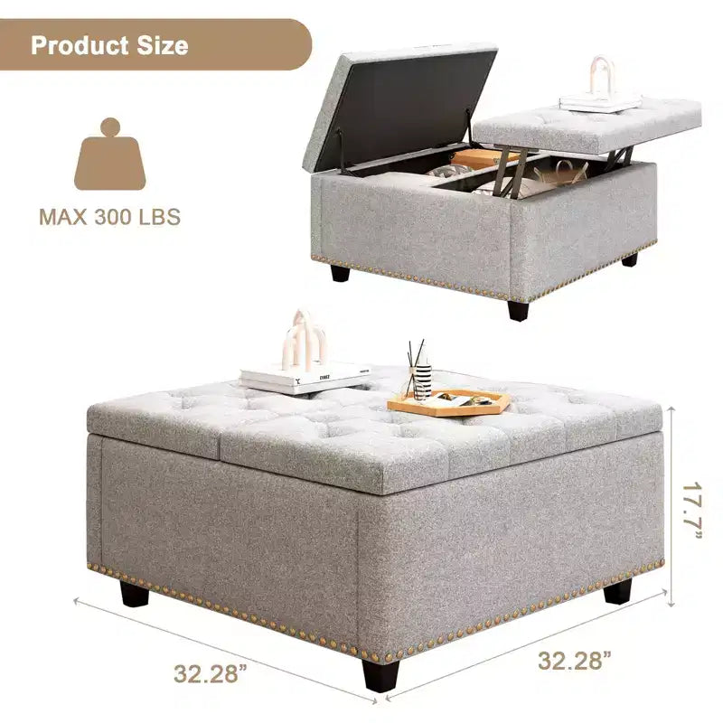 Ottoman de rangement table basse en cuir 32,5" avec couvercle relevable, Banc de rangement carré, Grande table basse de rangement carrée