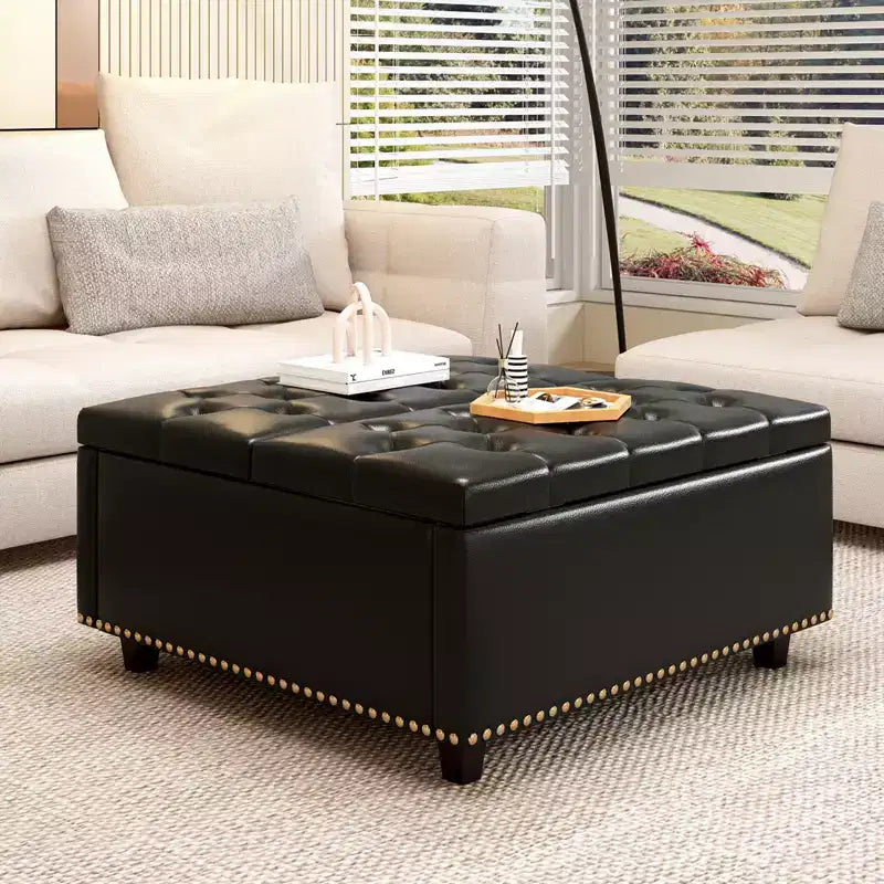 Ottoman de rangement table basse en cuir 32,5" avec couvercle relevable, Banc de rangement carré, Grande table basse de rangement carrée