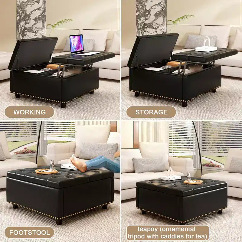 Ottoman de rangement table basse en cuir 32,5" avec couvercle relevable, Banc de rangement carré, Grande table basse de rangement carrée