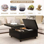 Ottoman de rangement table basse en cuir 32,5" avec couvercle relevable, Banc de rangement carré, Grande table basse de rangement carrée