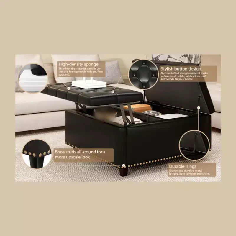 Ottoman de rangement table basse en cuir 32,5" avec couvercle relevable, Banc de rangement carré, Grande table basse de rangement carrée