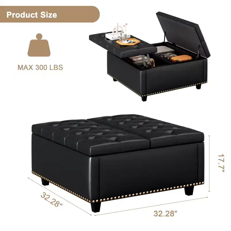 Ottoman de rangement table basse en cuir 32,5" avec couvercle relevable, Banc de rangement carré, Grande table basse de rangement carrée