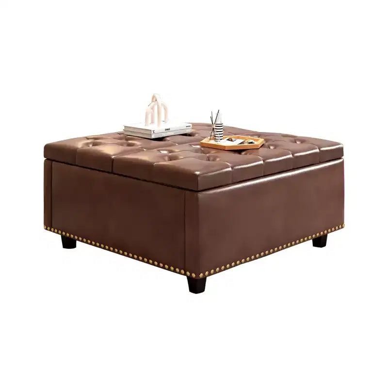 Ottoman de rangement table basse en cuir 32,5" avec couvercle relevable, Banc de rangement carré, Grande table basse de rangement carrée