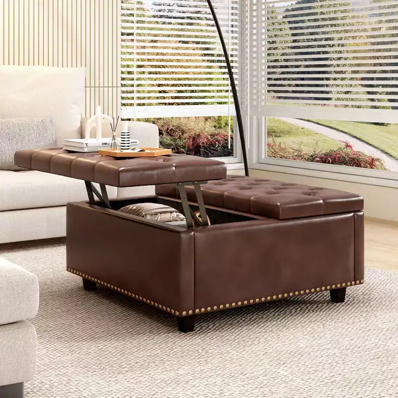 Ottoman de rangement table basse en cuir 32,5" avec couvercle relevable, Banc de rangement carré, Grande table basse de rangement carrée