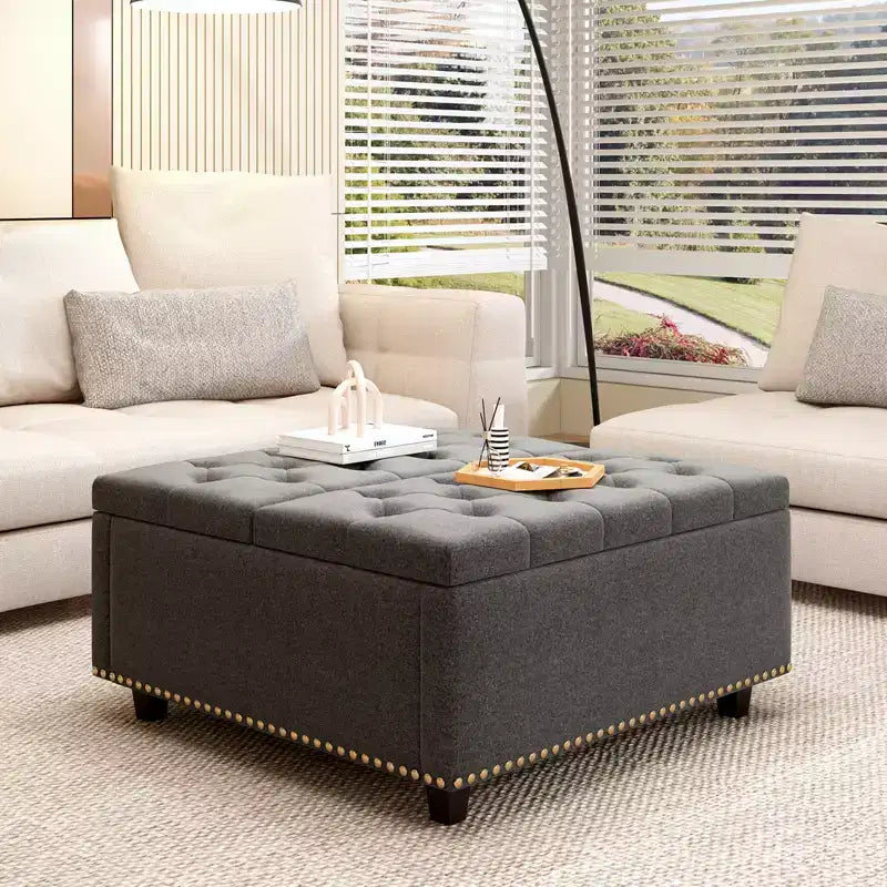 Ottoman de rangement table basse en cuir 32,5" avec couvercle relevable, Banc de rangement carré, Grande table basse de rangement carrée