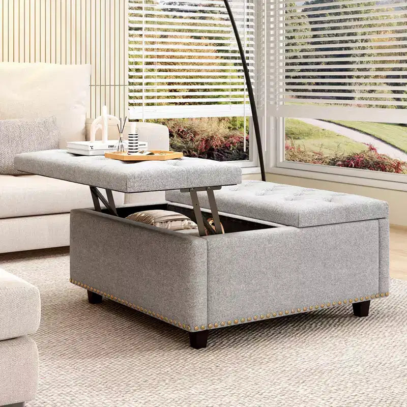 Ottoman de rangement table basse en cuir 32,5" avec couvercle relevable, Banc de rangement carré, Grande table basse de rangement carrée