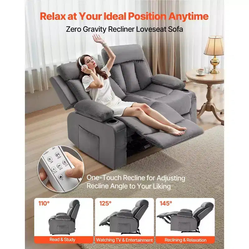 Canapé inclinable VEVOR Loveseat, canapé inclinable électrique avec chauffage et massage, canapé inclinable électrique en velours doux avec ports USB, porte-gobelets, gris
