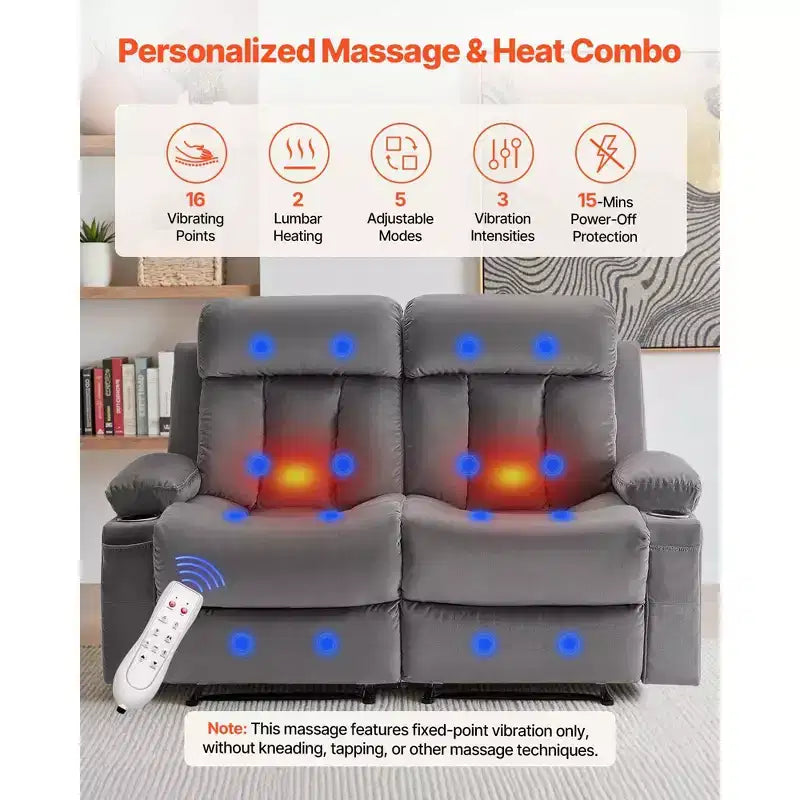 Canapé inclinable VEVOR Loveseat, canapé inclinable électrique avec chauffage et massage, canapé inclinable électrique en velours doux avec ports USB, porte-gobelets, gris