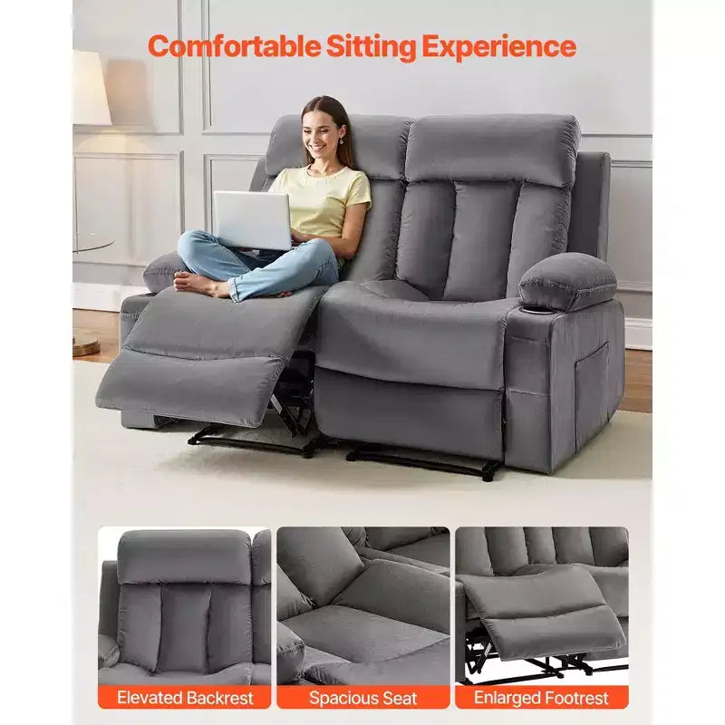 Canapé inclinable VEVOR Loveseat, canapé inclinable électrique avec chauffage et massage, canapé inclinable électrique en velours doux avec ports USB, porte-gobelets, gris