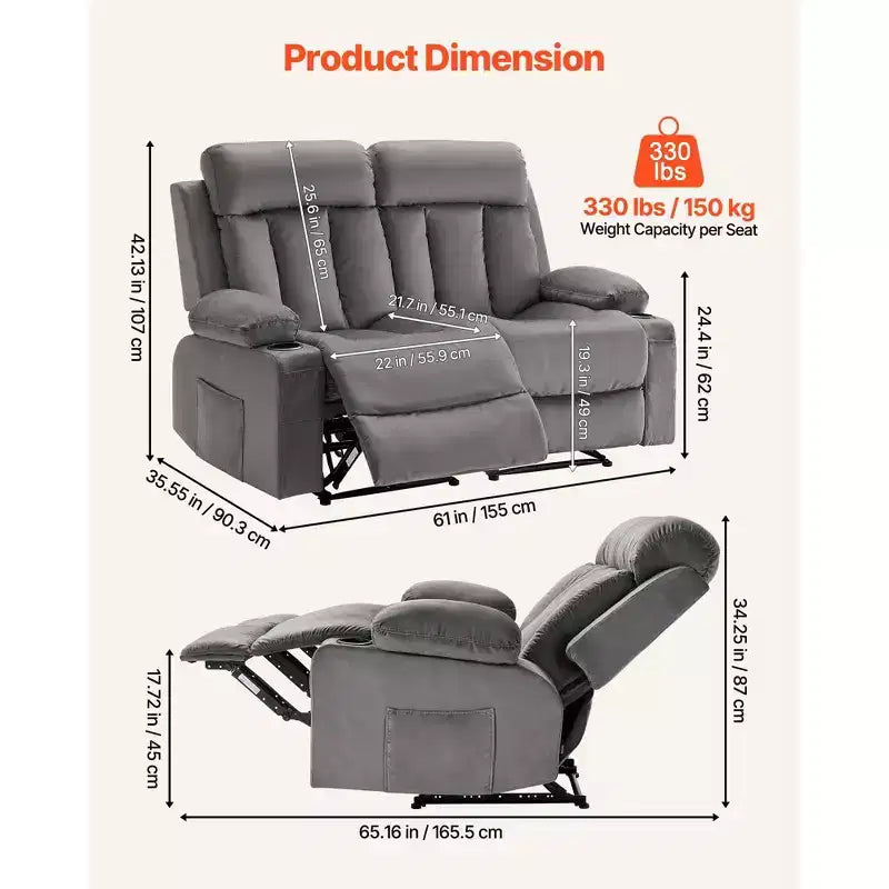 Canapé inclinable VEVOR Loveseat, canapé inclinable électrique avec chauffage et massage, canapé inclinable électrique en velours doux avec ports USB, porte-gobelets, gris