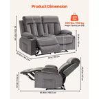 Canapé inclinable VEVOR Loveseat, canapé inclinable électrique avec chauffage et massage, canapé inclinable électrique en velours doux avec ports USB, porte-gobelets, gris