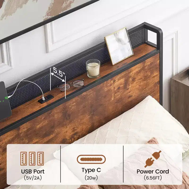 Cadre de lit plateforme avec tête de lit, station de recharge USB, éclairage LED et 4 tiroirs de rangement, sommier tapissier non requis, support robuste