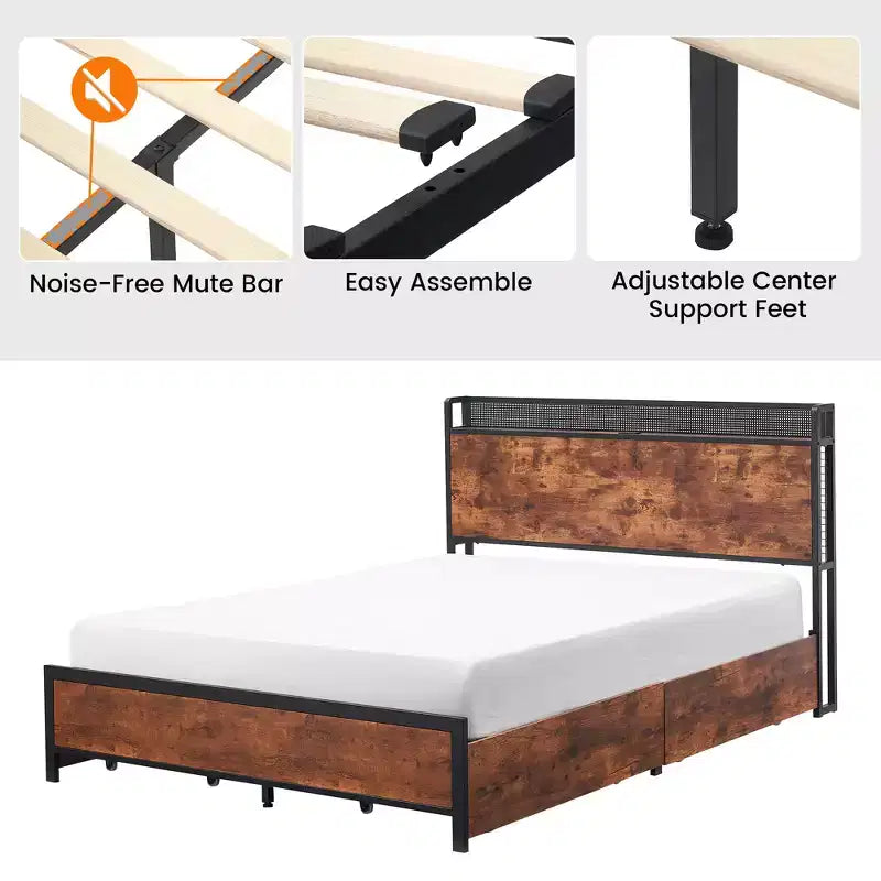 Cadre de lit plateforme avec tête de lit, station de recharge USB, éclairage LED et 4 tiroirs de rangement, sommier tapissier non requis, support robuste