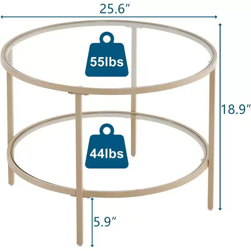VINGLI Table basse ronde en verre de 25,6 po, table basse à 2 niveaux avec rangement, table basse moderne avec un cadre beige, pour le salon