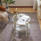 VINGLI Table basse ronde en verre de 25,6 po, table basse à 2 niveaux avec rangement, table basse moderne avec un cadre beige, pour le salon