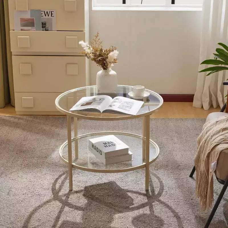 VINGLI Table basse ronde en verre de 25,6 po, table basse à 2 niveaux avec rangement, table basse moderne avec un cadre beige, pour le salon