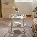 VINGLI Table basse ronde en verre de 25,6 po, table basse à 2 niveaux avec rangement, table basse moderne avec un cadre beige, pour le salon