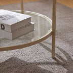 VINGLI Table basse ronde en verre de 25,6 po, table basse à 2 niveaux avec rangement, table basse moderne avec un cadre beige, pour le salon
