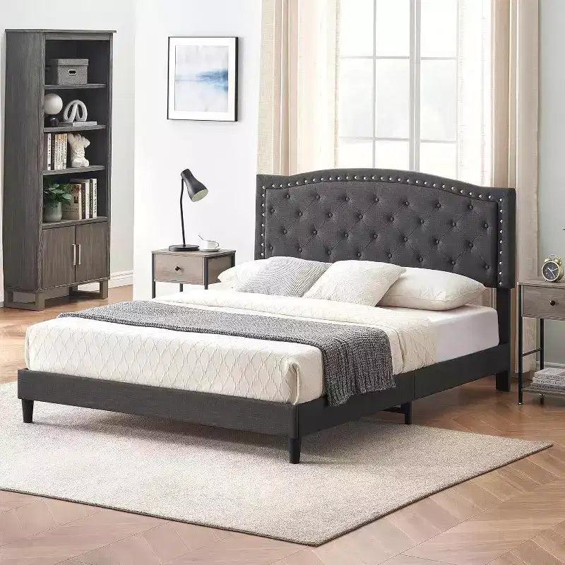 Upholstered Platform Bed Frame with Adjustable Headboard, Wingback Button Tufted Bed, No Box Spring Needed, Grey