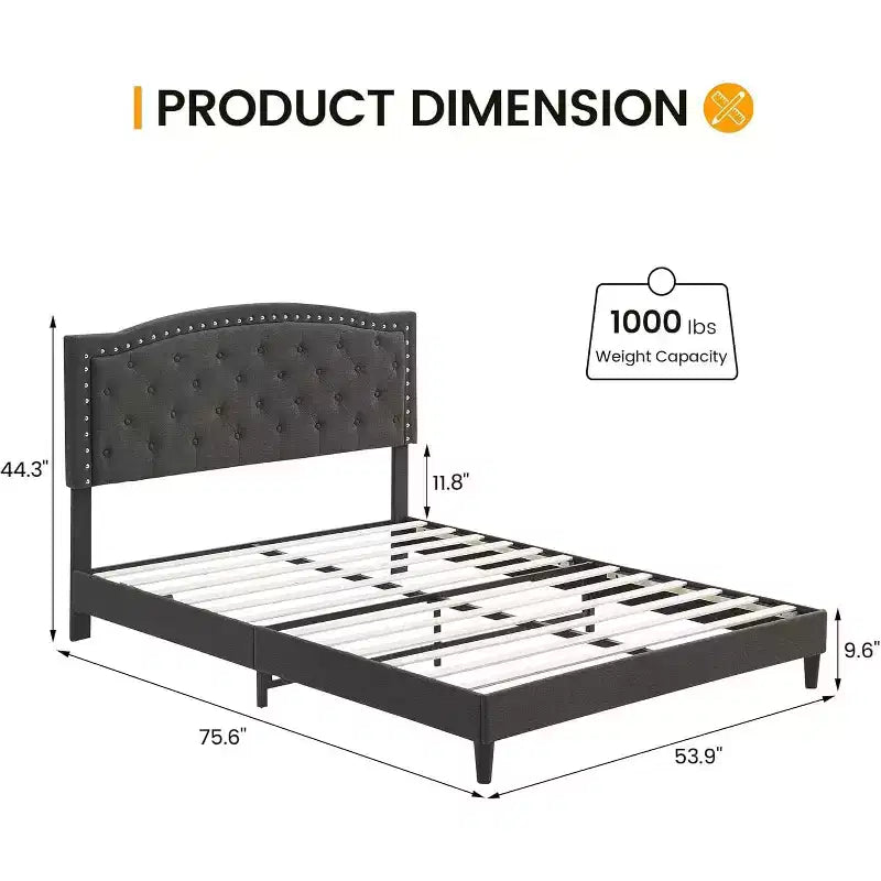Cadre de lit plateforme rembourré avec tête de lit réglable, lit capitonné avec oreilles, aucun sommier tapissier requis, gris