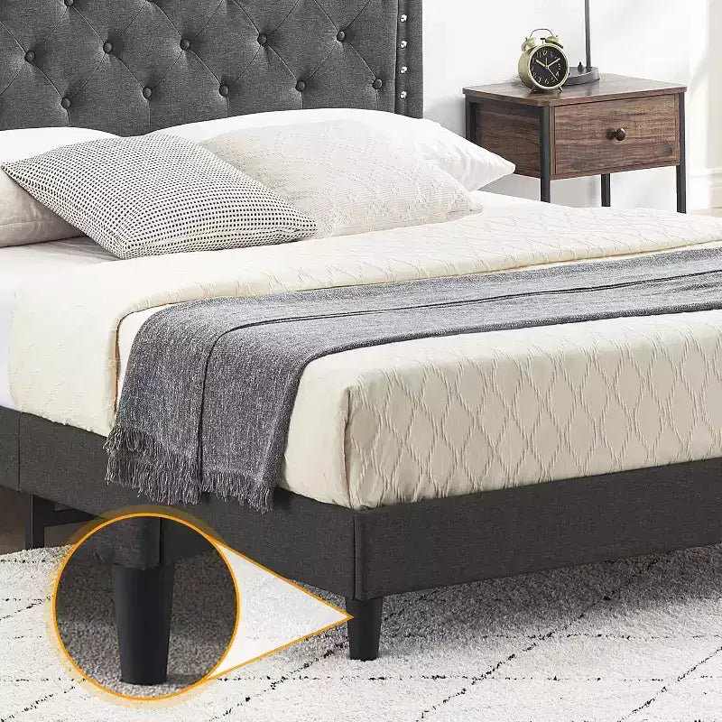 Cadre de lit plateforme rembourré avec tête de lit réglable, lit capitonné avec oreilles, aucun sommier tapissier requis, gris