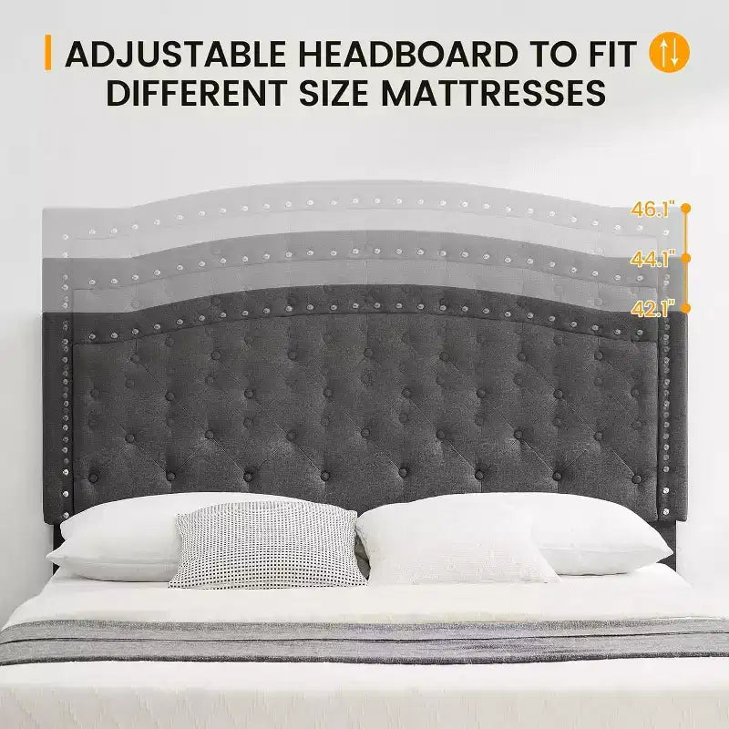 Cadre de lit plateforme rembourré avec tête de lit réglable, lit capitonné avec oreilles, aucun sommier tapissier requis, gris