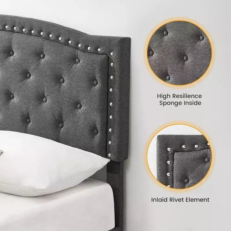 Cadre de lit plateforme rembourré avec tête de lit réglable, lit capitonné avec oreilles, aucun sommier tapissier requis, gris